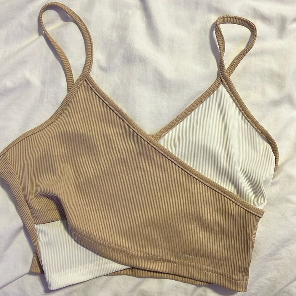 beige and white cross over tank top